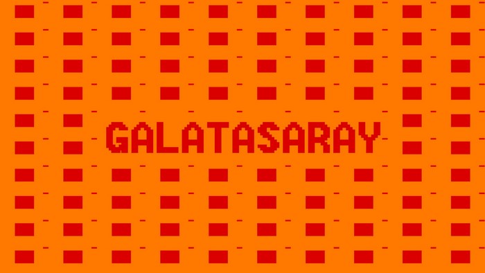 Galatasaray text on orange and red pixelated background