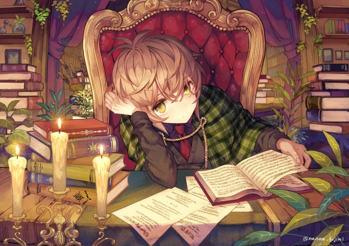 Anime boy with yellow eyes reading in a library