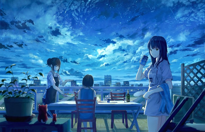Anime girls on a balcony at night with city view