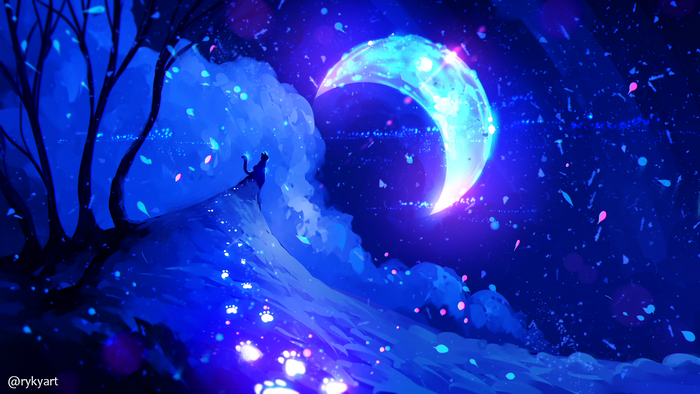 Moonlit Night with Cats and Fantasy Sky