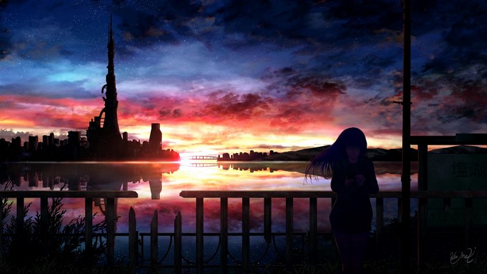 Anime girl watching a city skyline at sunset