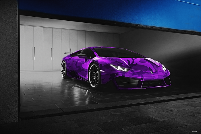 Purple camouflage Lamborghini in a garage