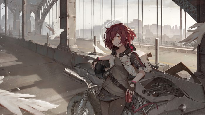 Exusiai from Arknights on a bridge with a motorcycle