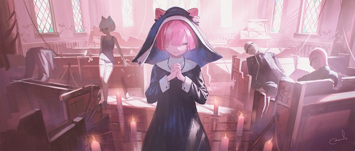 Anime girls in a church with cat ears