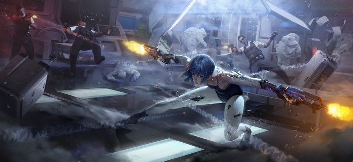 Cyberpunk battle with cyborg woman and soldiers