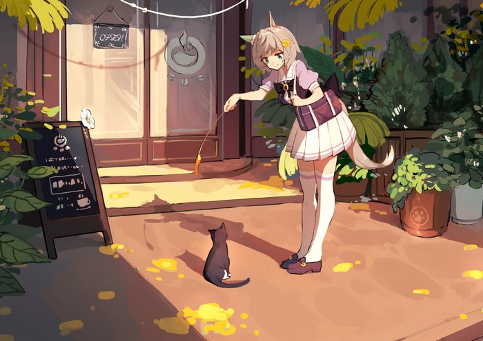 Seiun Sky from Uma Musume Pretty Derby playing with a cat