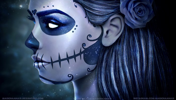Digital artwork of a woman with Sugar Skull makeup