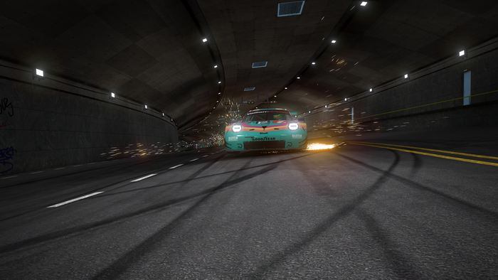 Racing car drifting in a tunnel in Assetto Corsa