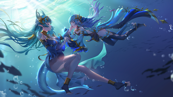 Two anime girls from Kings Raid underwater