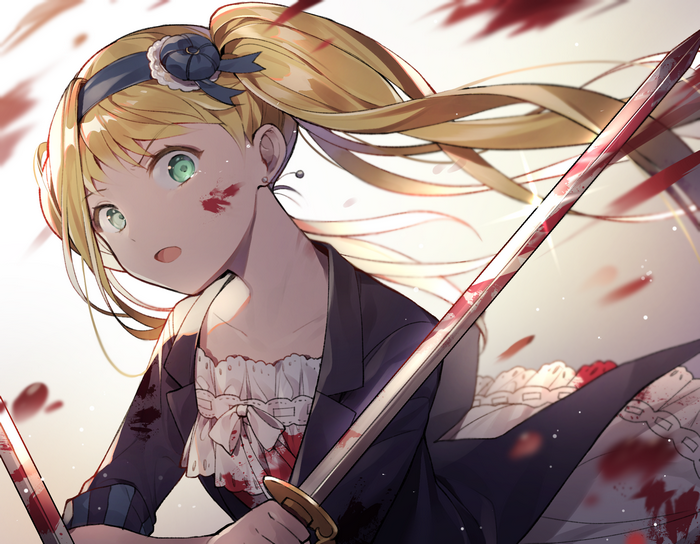 Girl with blonde hair and green eyes holding a bloody sword