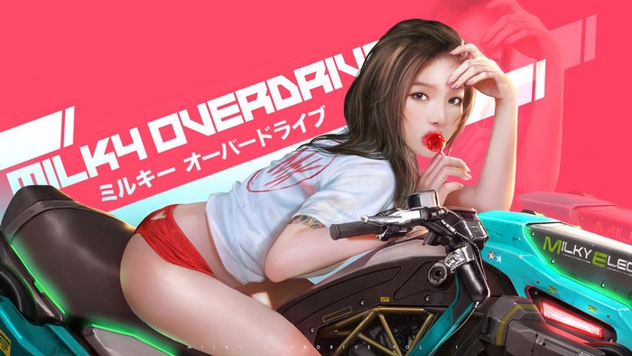Anime girl with lollipop on a motorcycle