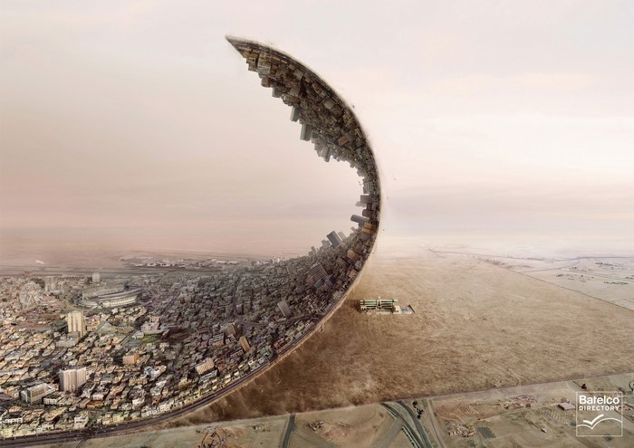 Surreal cityscape bending into desert landscape