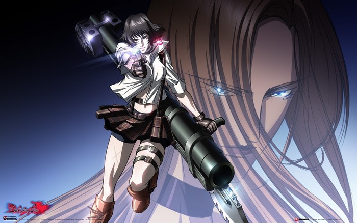 Lady from Devil May Cry holding a rocket launcher and pistols