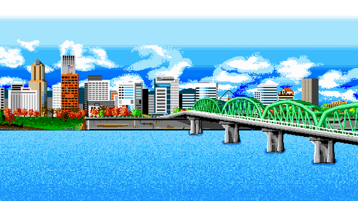 Pixel art cityscape with bridge and river