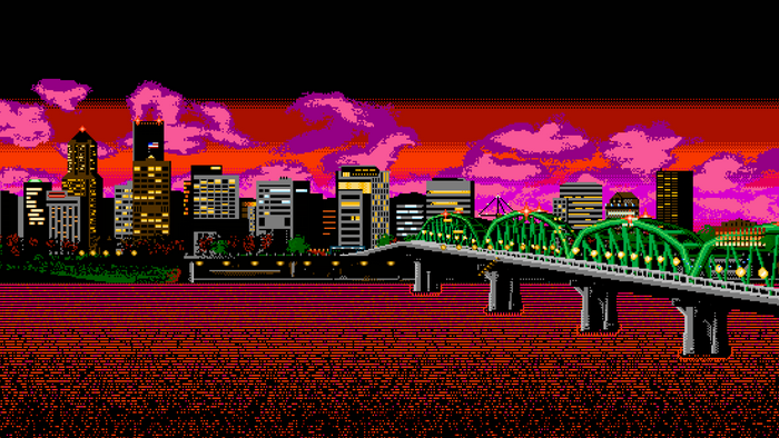 Pixel art city skyline with bridge at night