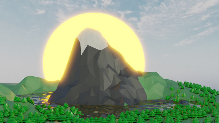 Low poly landscape with snowy mountain and sun