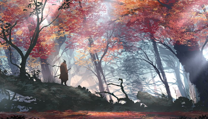 4K artwork of Sekiro: Shadows Die Twice in a fall forest