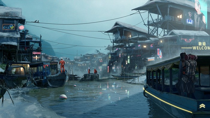 Science fiction city with boats and neon signs