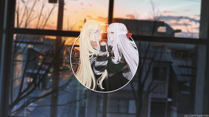 Anime girls in picture-in-picture with sunset background