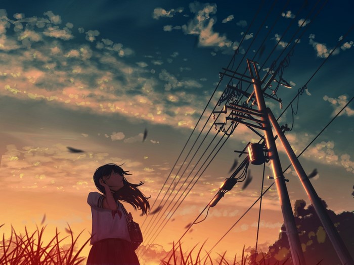Anime girl by utility pole at sunset