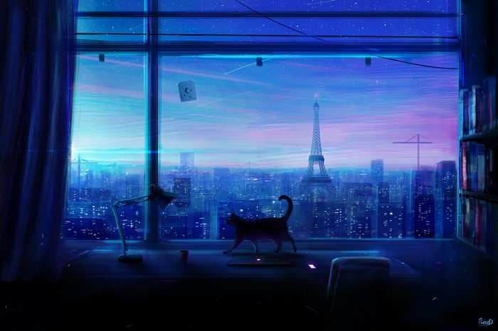 4K Paris cityscape at dusk with Eiffel Tower and cat