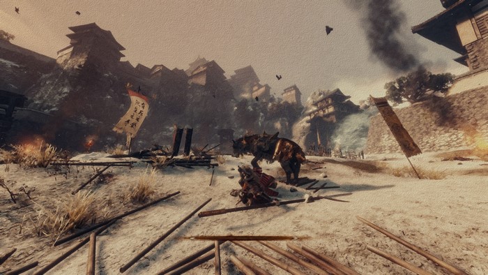 Sekiro: Shadows Die Twice screenshot with wolf-like creature and warrior