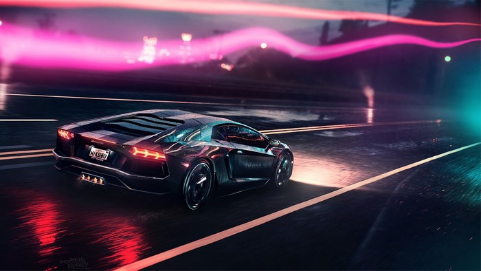 Lamborghini Aventador on a wet road with neon lights