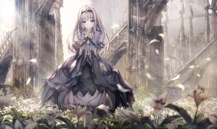 Anime girl with white hair and blue eyes in a dark dress