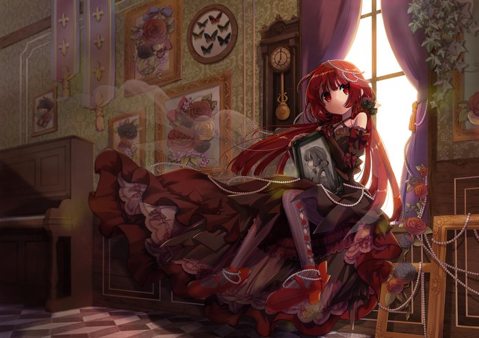 Anime girl with red hair holding a framed picture