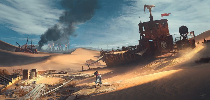 Mad Max game artwork of a desert landscape with shipwrecks