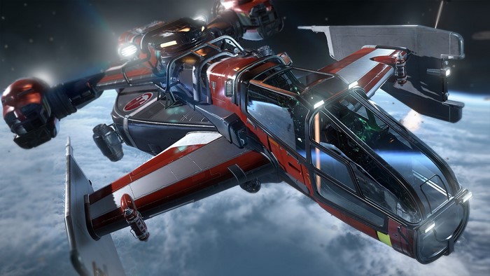 Star Citizen spaceship flying over clouds