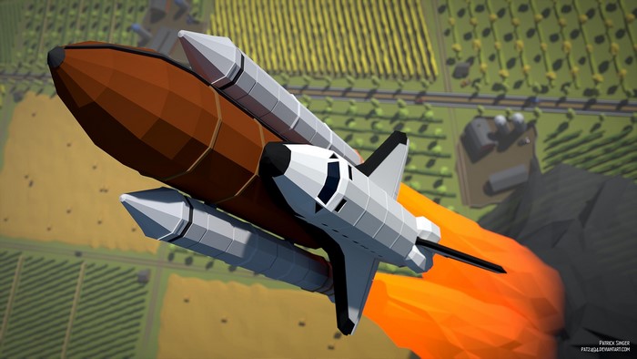 Low poly space shuttle launching over a farm