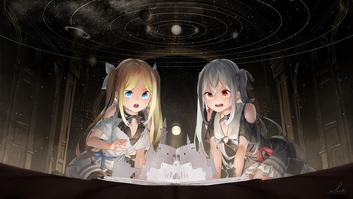 Two anime girls looking at a castle model