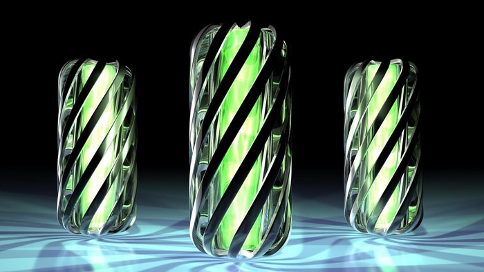 Three abstract glowing capsules on a reflective surface