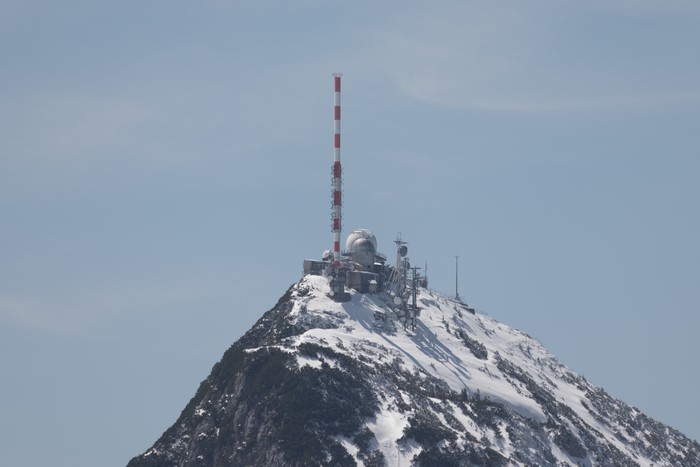 4K Wendelstein summit with snow and radio tower
