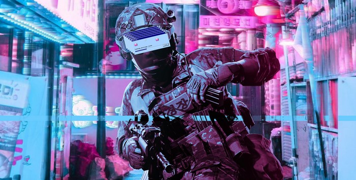 Ready or Not soldier with M4 in neon city