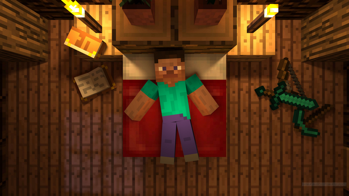 Steve from Minecraft lying on a bed in a wooden room