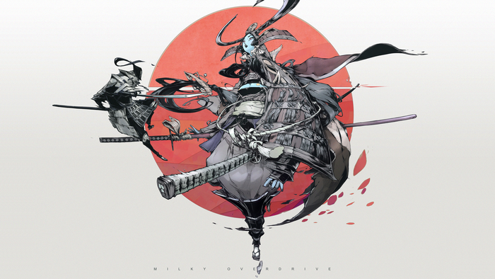 Samurai warriors with katanas in front of a red sun