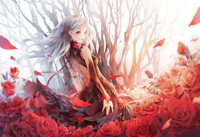 Anime Girl with Silver Hair Among Roses