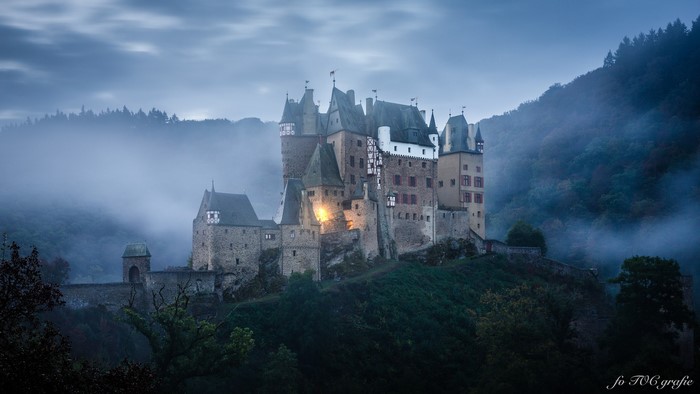 Eltz Castle in Germany shrouded in mist