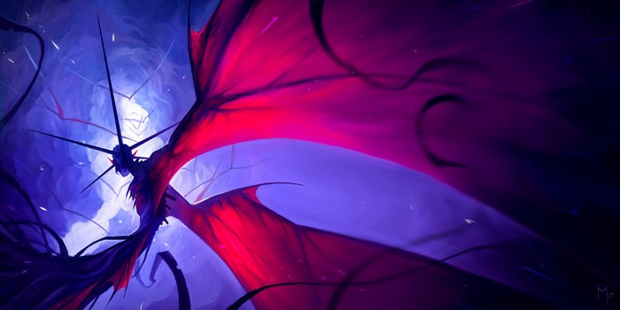 Dark fantasy artwork with red and blue wings