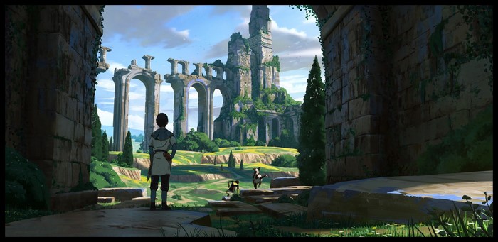 Fantasy ruins with a person and a dog