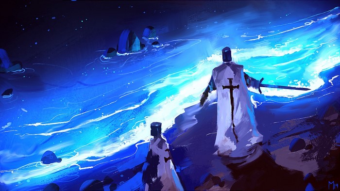 Two knights in white capes with swords on a dark beach at night