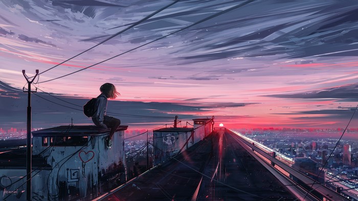 Girl on rooftop overlooking cityscape at sunset