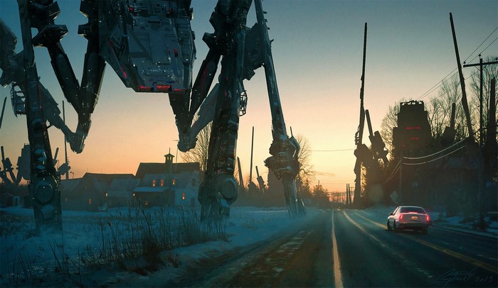 Giant robots and a car on a snowy road at sunset