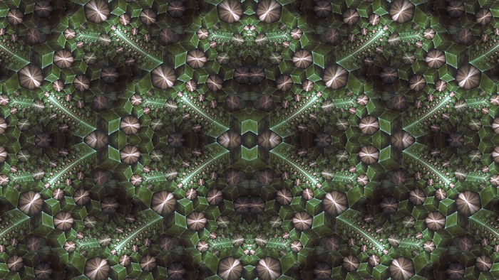 Symmetrical fractal pattern with green and beige geometric shapes