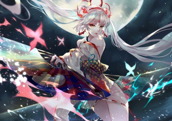Anime girl with white hair and kimono