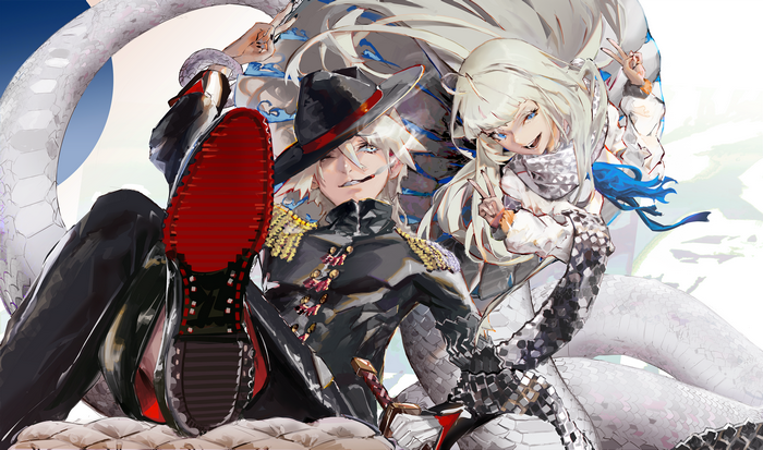 Anime characters with white hair and snake-like features