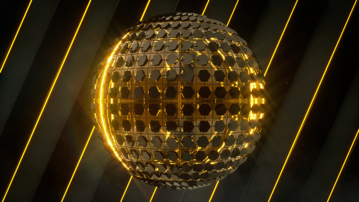 Abstract 3D render of a glowing hexagonal sphere with yellow lines
