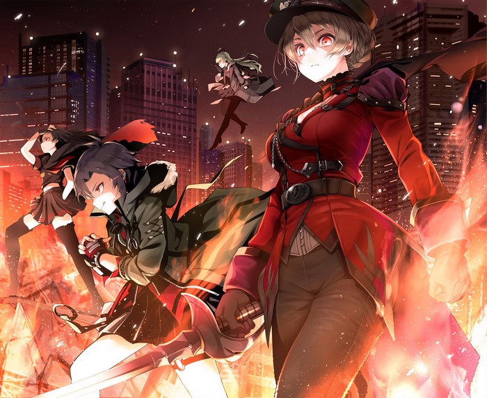 Anime girls in red uniforms in a burning city